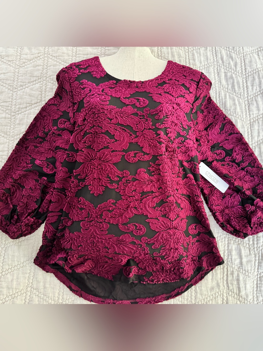 Chico's Marion and black Floral 3/4 sleeve velvet Blouse
